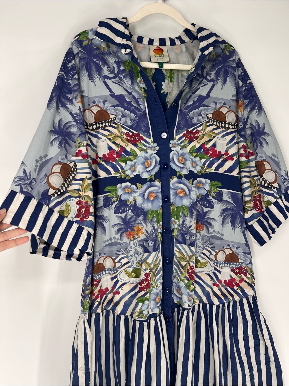 Farm Rio Blue Striped Tropical Button Front Floral Boho Resortwear Midi Dress XL - Picture 2 of 12